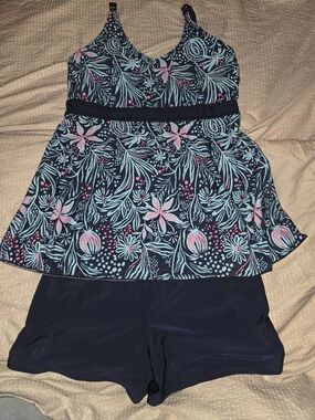 Women’s Navy Floral Tankini Swimsuit - Blue & Pink